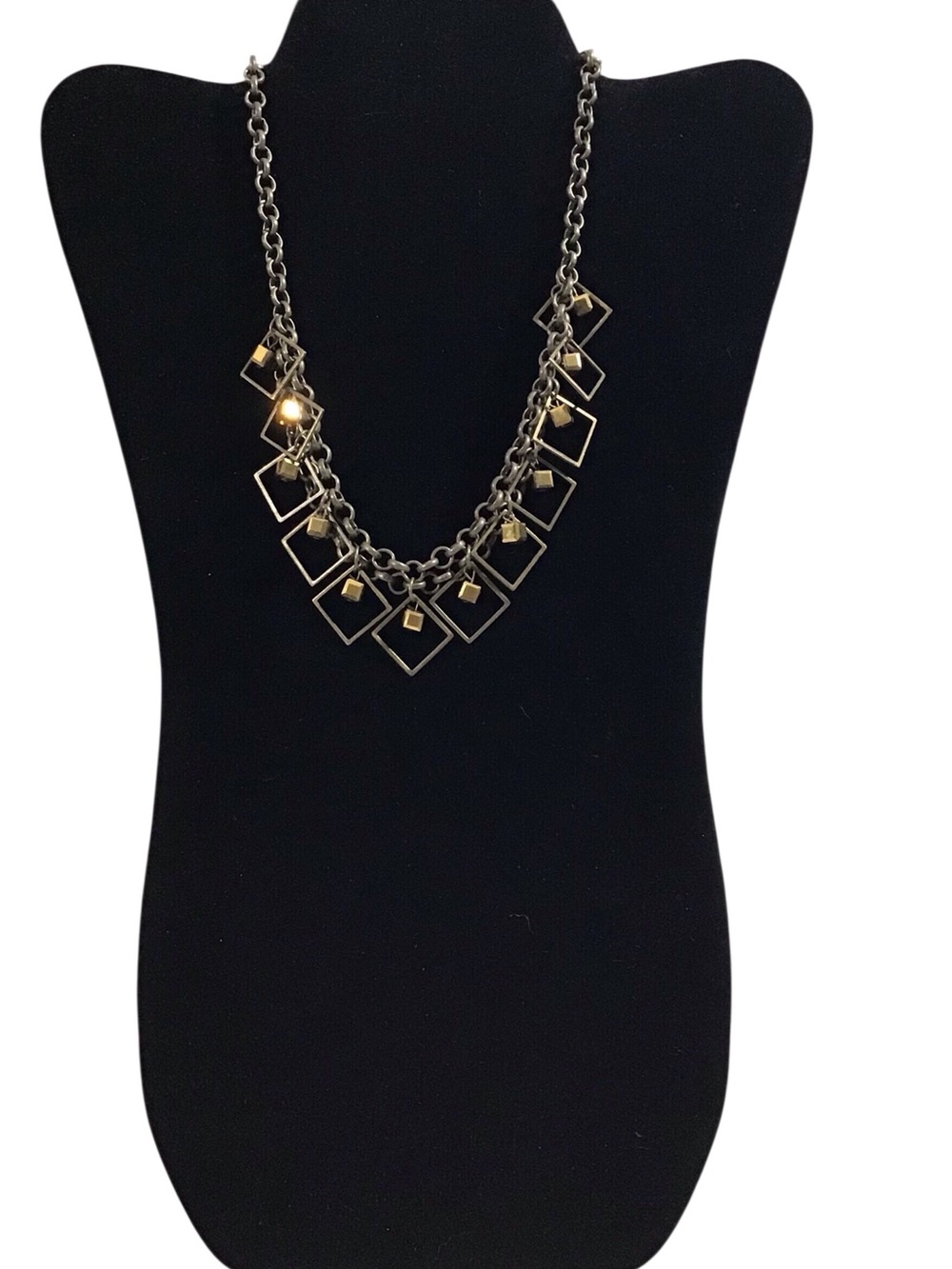 Geometric Necklace Cubes Squares Brass Tone Fashion Costume Jewelry Distressed